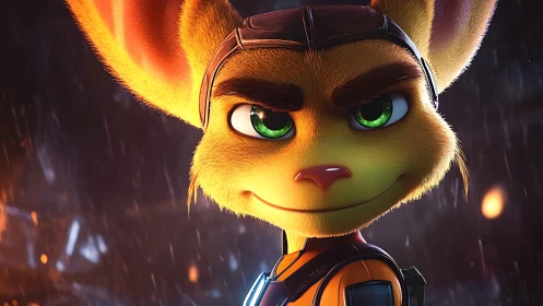 Anthropomorphic fox hero smirks under neon rain at night.