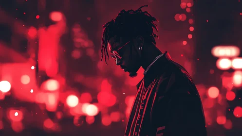 Neon-lit urban portrait isolates silhouetted figure in red bokeh field