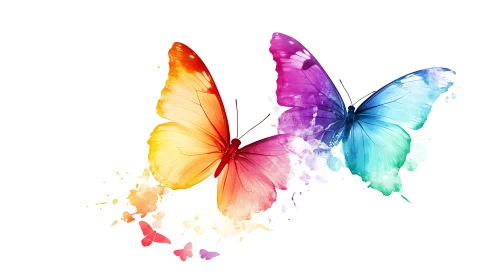 Watercolor duet of rainbow butterflies in luminous flight.
