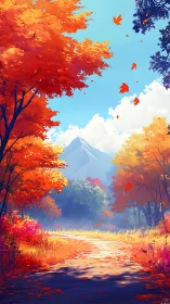 Sunlit autumn path leading toward a quiet mountain peak.