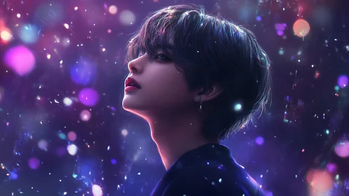 Iridescent profile portrait in particulate neon bokeh field.