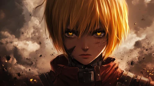 Close frontal portrait shows anime soldier amid smoke