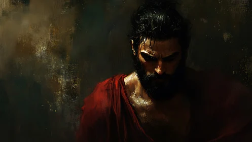 Brooding warrior in red cloak stands in shadowed silence