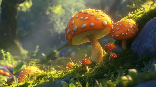 Orange spotted mushrooms in sunlit forest undergrowth.