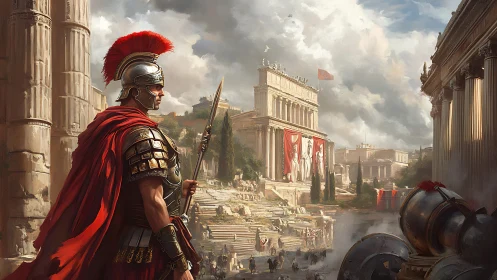 Roman guardian overlooking a sunlit imperial forum.