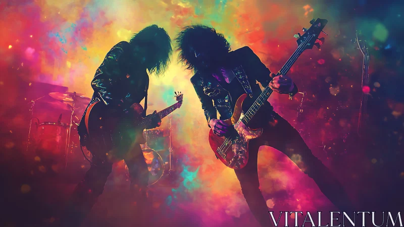 Backlit rock guitarists in neon particle field with dynamic motion blur