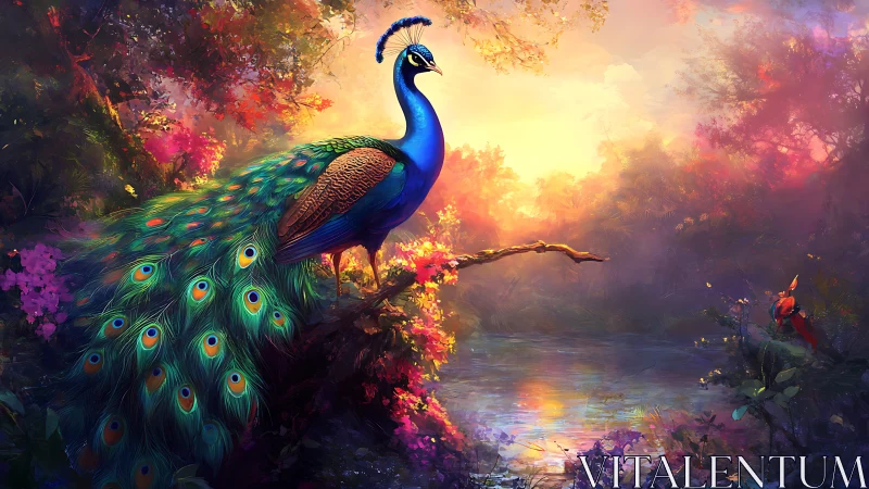 Vibrant peacock on branch over glowing forest river.
