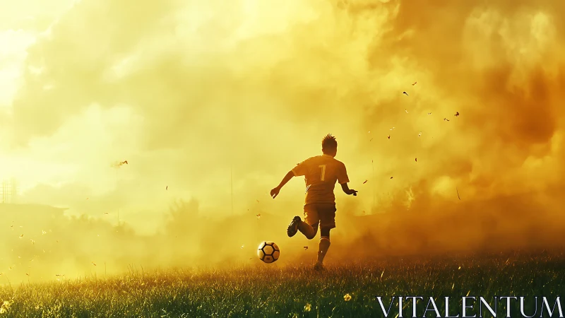 Backlit youth footballer advances through golden atmospheric haze