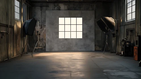 Industrial photo studio with softbox lighting equipment.