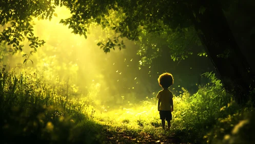 Young child standing in sunlit forest, dreamy magical atmosphere.