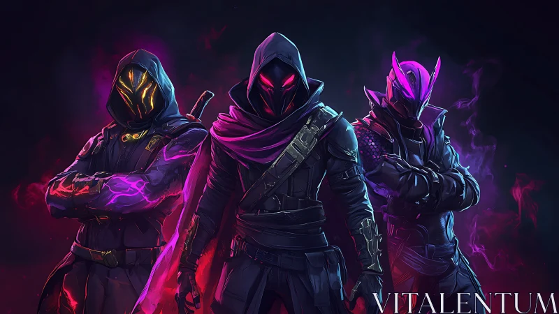 Shadowy trio of neon rogues stands ready in swirling energy