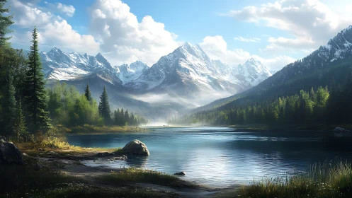 Snow-capped alpine range rises above reflective forest lake