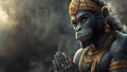 Divine simian warrior rendered in dramatic digital chiaroscuro