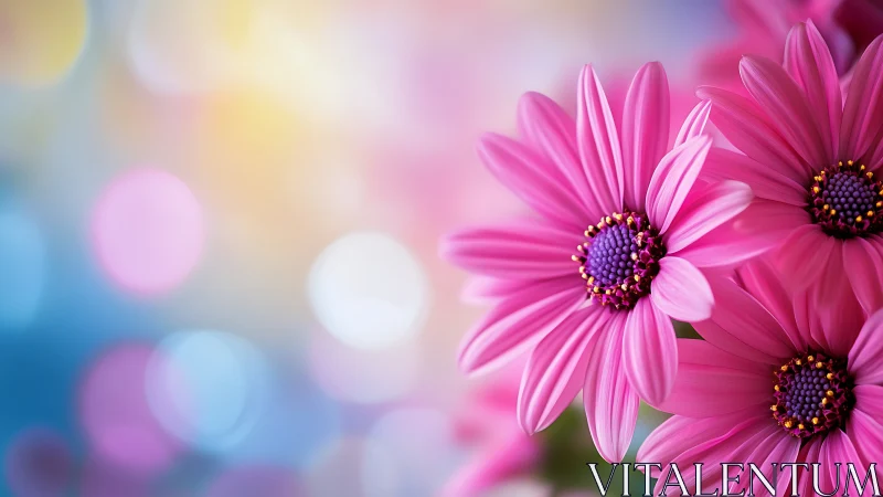 Pink Gerbera Daisies with Vibrant Purple Stamens and Bokeh Background