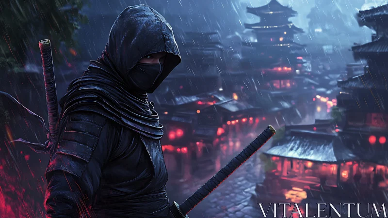 Hooded ninja with katana in neon lit rainy night city.