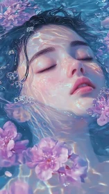 Dreaming face drifts beneath prismed water and lilac petals