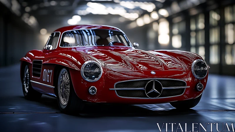 Shiny red classic sports car glowing in soft garage light.
