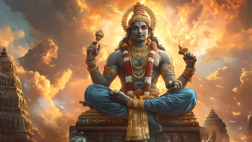 Deity statue sits cross-legged against glowing sunset clouds