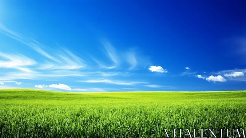 Wide grassy field under deep blue sky with sparse clouds.