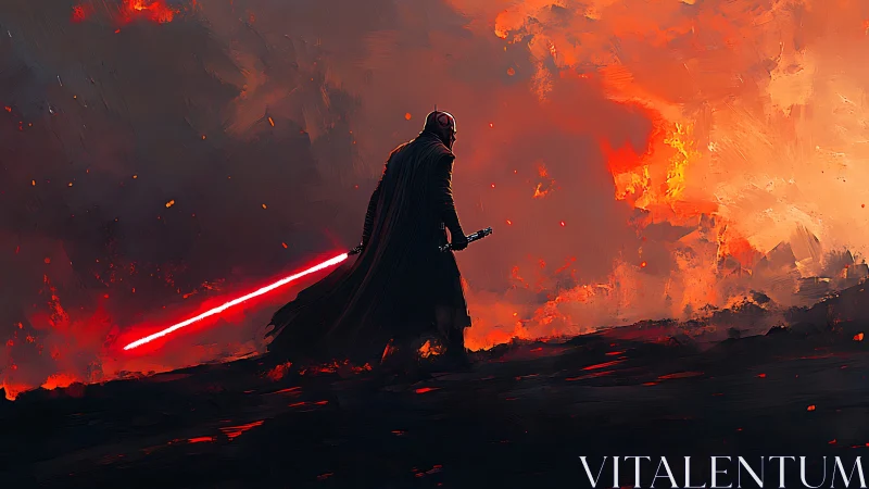 Dark armored figure with red energy sword in firestorm.