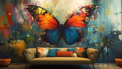 Large butterfly mural above sofa in colorful interior.