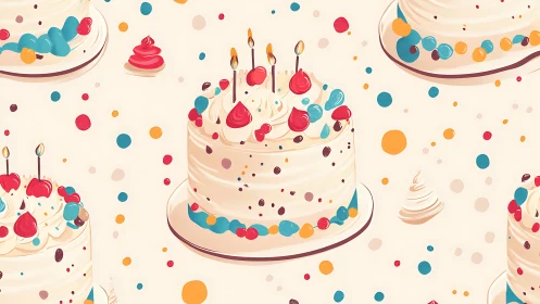 Layered Cake Composition with Candles and Colorful Sphere Decoration Pattern