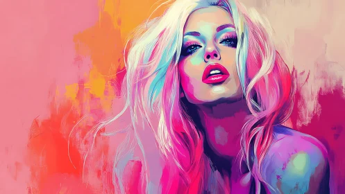 Vibrant neon portrait of woman in expressive brush strokes.