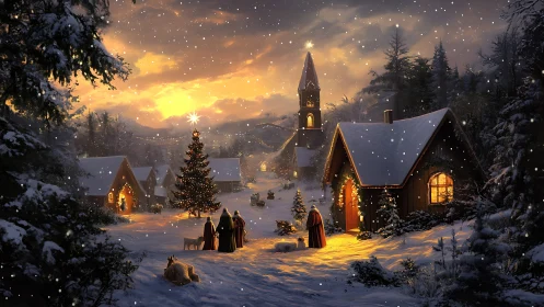 Snowflakes hush a village wrapped in glowing Christmas wonder