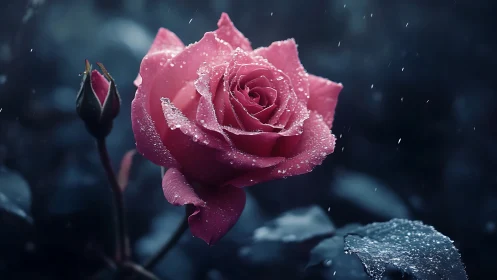 Rainsoaked Magenta Rose Blooms in Twilight Storm.