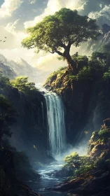 Monumental cliffside tree above cascading alpine waterfall