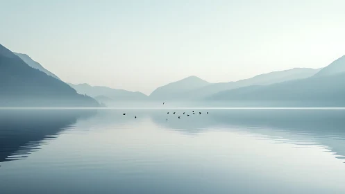 Gentle misty lake with distant mountains and quiet birds.