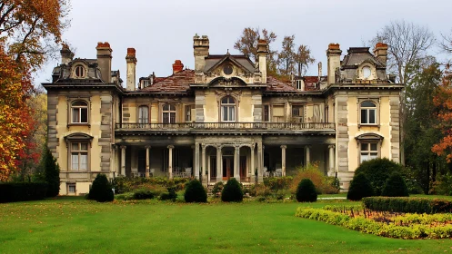 Weathered autumn manor quietly rehearses its former grandeur