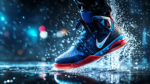 Dynamic sneaker splashes through neon city rain at night.