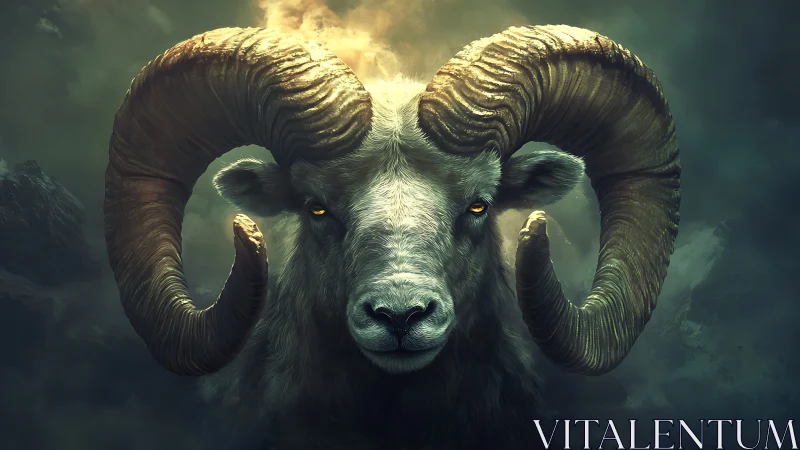 Majestic horned ram gazing calmly through misty mountain light.