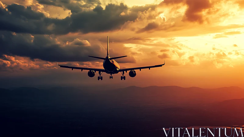 Sunset approach of a jet gliding home through golden skies.