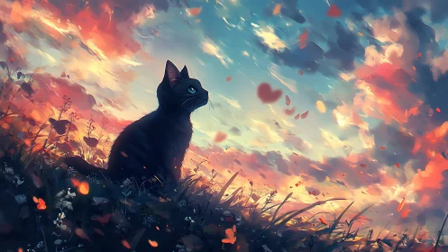 Black cat among blazing flowers at sunset.