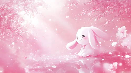 Blush-tinted bunny listens to cherry blossoms quietly falling