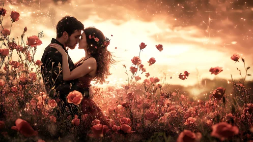 Romantic Couple Embracing in Glowing Rose Field at Sunset