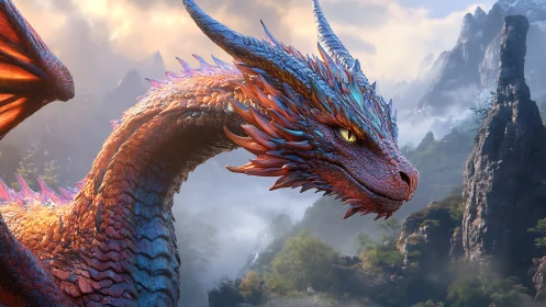 Radiant mountain dragon basking in morning misty light.