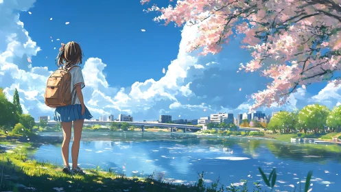 Schoolgirl gazes across riverside city under spring sky