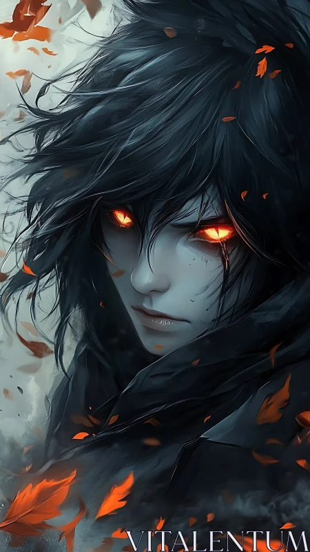 Dark-haired spirit portrait with glowing ember eyes.