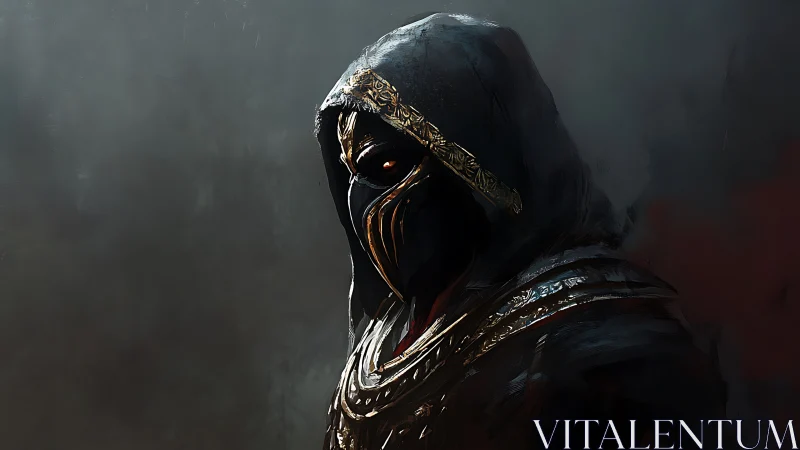 Hooded dark warrior in ornate mask emerging from shadow.