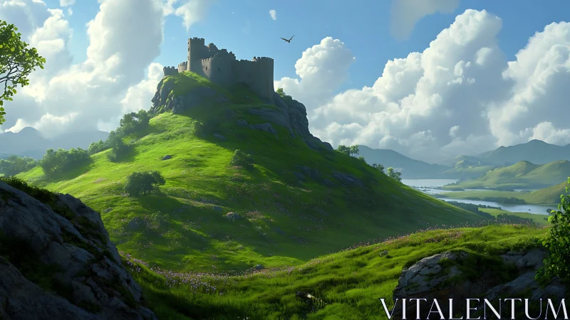 Sunlit hilltop fortress above sweeping emerald valleys.