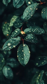 Rain-beaded dark green leaves with single emerging bud.
