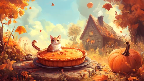 Autumn Whimsy: Oversized Pie and Cat in Surreal Harvest Scene