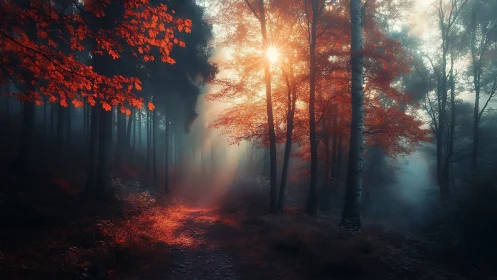 Sunlit Forest Path Through Autumn Canopy.