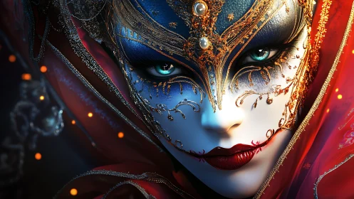 Masked face with ornate gold filigree and red draped fabric.