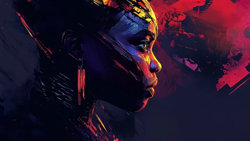 Neon-lit cyber portrait of focused woman in profile view.