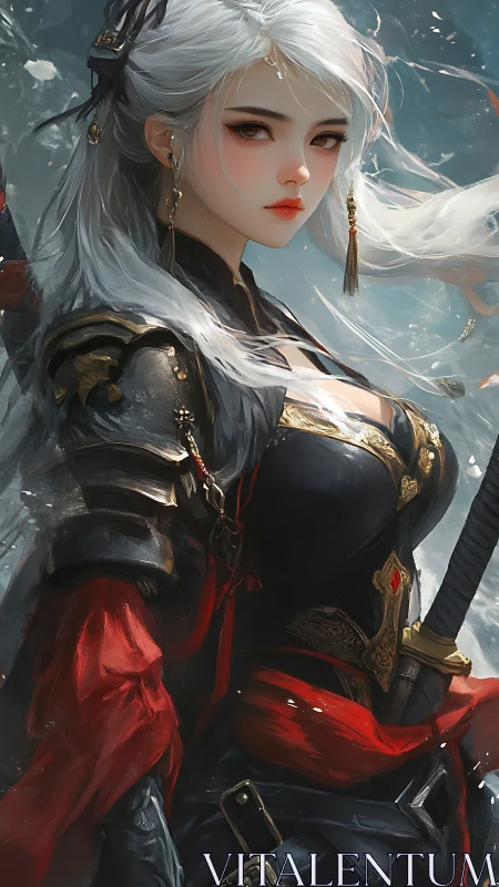 Silver haired warrior in ornate black armor, crimson sashes.