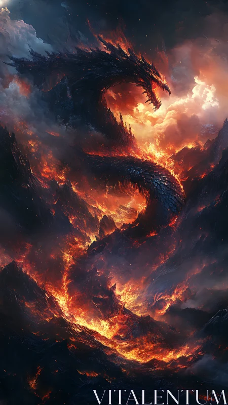 Fiery dragon rising from a swirling storm of molten flame.